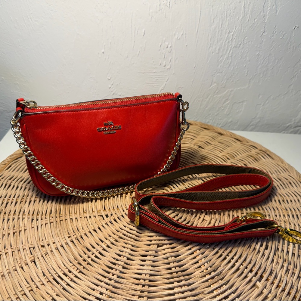 Coach Red Leather Crossbody with Gold Chain and Detachable Strap